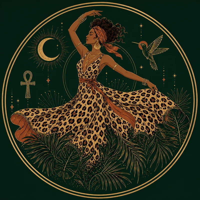 Gold line-art emblem of a woman dancing in a leopard gown under a crescent moon