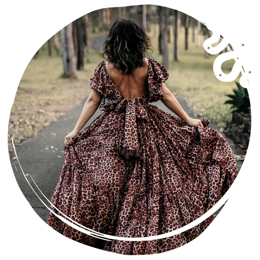 Marina Perry walking in leopard gown