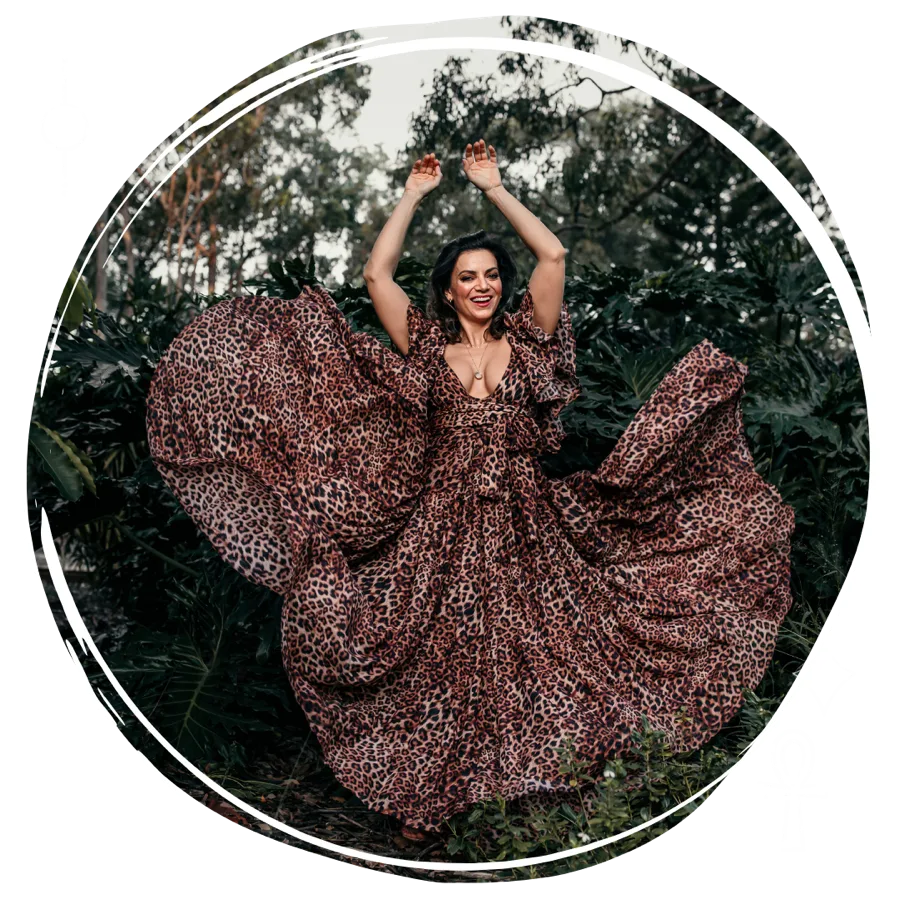 Marina Perry dancing in leopard gown